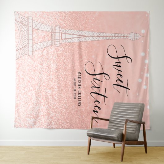Paris Roze Gouden Glitter Lichtjes Sweet 16 Achter Wandkleed (In Situ (horizontaal))