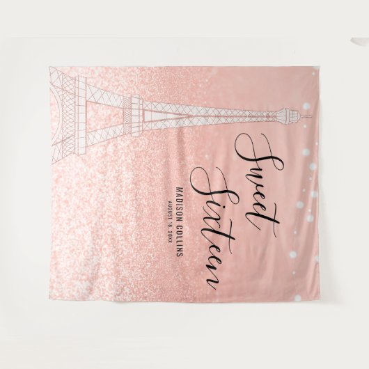 Paris Roze Gouden Glitter Lichtjes Sweet 16 Achter Wandkleed (Voorkant (horizontaal))
