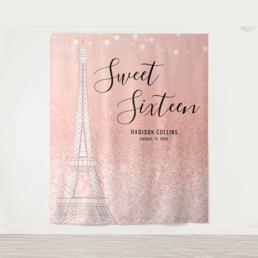 Paris Roze Gouden Glitter Lichtjes Sweet 16 Achter Wandkleed (Voorkant)
