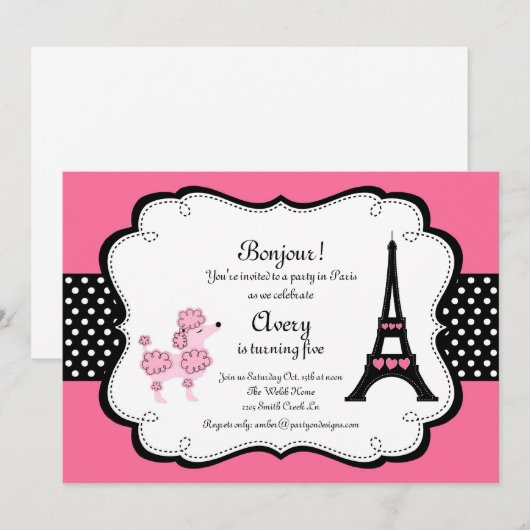 Paris roze poedel eiffle toren thee party bruids kaart (Voorkant / Achterkant)