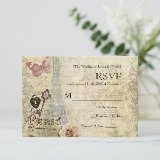 Paris roze rozen slot & Key Wedding RSVP (Staand voorkant)