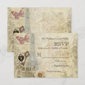 Paris roze rozen slot & Key Wedding RSVP (Voorkant / Achterkant)