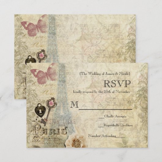Paris roze rozen slot & Key Wedding RSVP (Voorkant / Achterkant)
