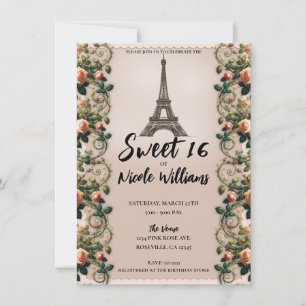 Paris Roze Rozen Wijnstokken Eiffeltoren Sweet 16 Kaart