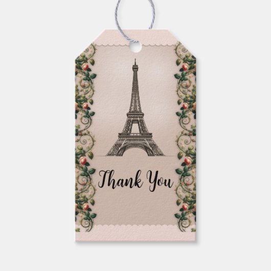 Paris Roze Rozenranken Eiffeltoren Elegant Cadeaulabel (Voorkant)