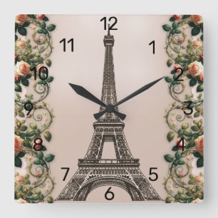 Paris Roze Rozenranken Eiffeltoren Shabby Chic Vierkante Klok