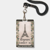 Paris Roze Rozenranken Eiffeltoren VIP Pas Badge (Voorzijde met lanyard)