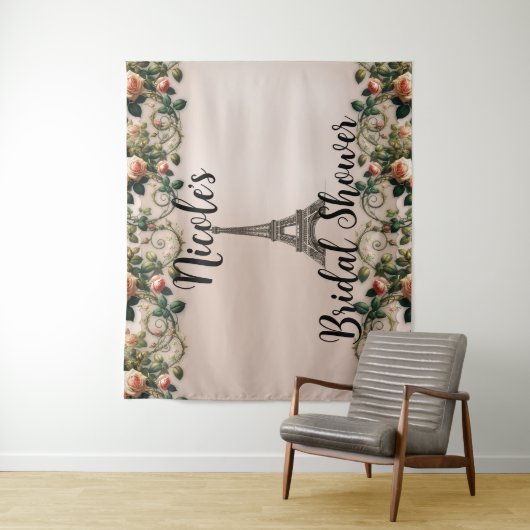 Paris Roze wijnstokken Eiffeltoren Shabby Chic Wandkleed (In situ)