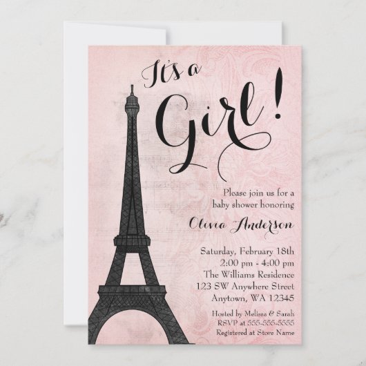  Paris Roze Zwart Meisje Baby shower Kaart (Voorkant)