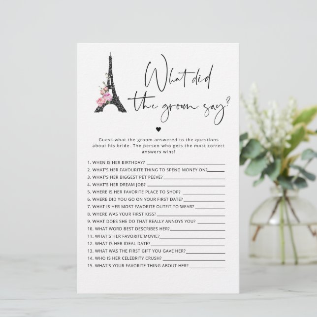 Paris roze zwart Wat zei de bruidegom spel (Staand voorkant)