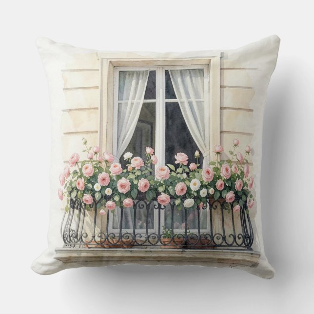 Paris Rozen Balkon Aquarel Kussen (Voorkant)