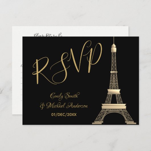 PARIS RSVP Black Gold - Elegant Chic Trending Uitnodiging Briefkaart (Voorkant / Achterkant)