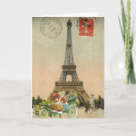 Paris Santa and Snowman Christmas Card Feestdagen Kaart<br><div class="desc">A beautiful vintage image of the Eiffel Tower in Parijs from an old postcard with stamp and postmarks is begeleid door a great vintage Santa with a car full of toys and children building a snowman by the base of the Eiffel Tower on this lovely and nostalgic French themed Christmas...</div>