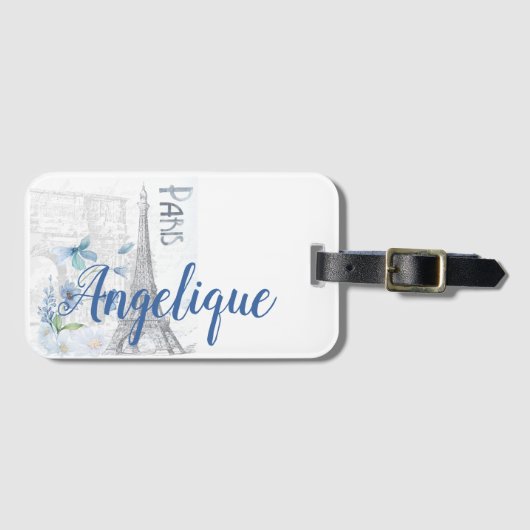 Paris Scene and Blue Flowers Custom Bagagelabel (Voorkant (horizontaal))