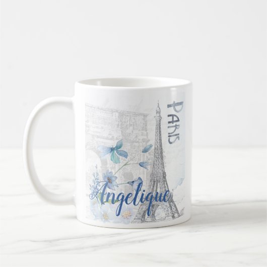 Paris Scene and Blue Flowers Custom Koffiemok (Links)