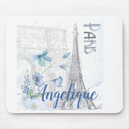 Paris Scene and Blue Flowers Custom Muismat (Voorkant)