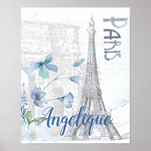 Paris Scene and Blue Flowers Custom Poster (Voorkant)