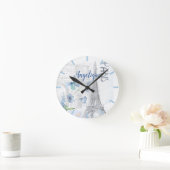 Paris Scene and Blue Flowers Custom Ronde Klok (Huis)