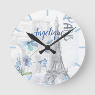 Paris Scene and Blue Flowers Custom Ronde Klok