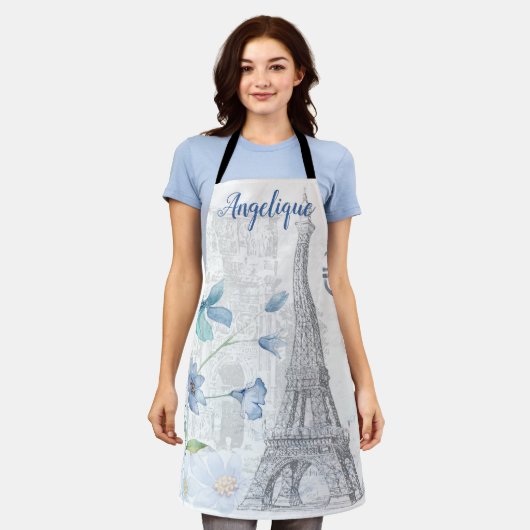 Paris Scene and Blue Flowers Custom  Schort (Gedragen)