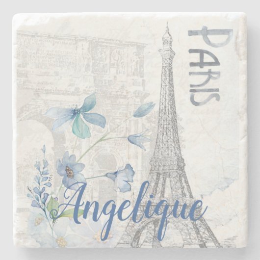 Paris Scene and Blue Flowers Custom Stenen Onderzetter (Voorkant)