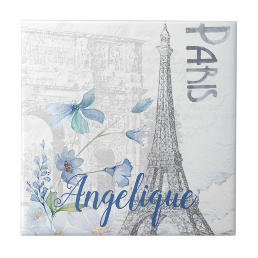 Paris Scene and Blue Flowers Custom Tegeltje (Voorkant)