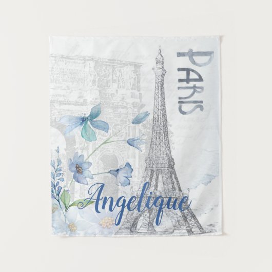 Paris Scene and Blue Flowers Custom Wandkleed (Voorkant)