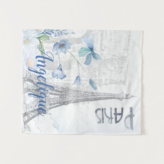 Paris Scene and Blue Flowers Custom Wandkleed (Voorkant (horizontaal))