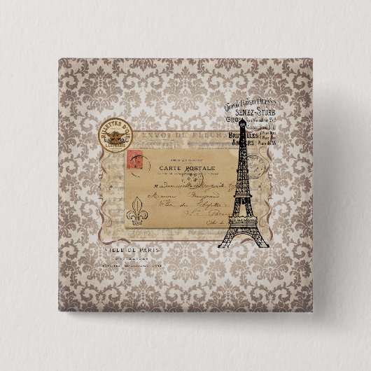 Paris  Shabby Chic Eiffel Tower Vierkante Button 5,1 Cm (Voorkant)