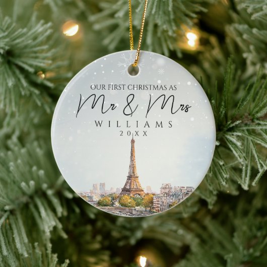 Paris Silhouette Eerste Kerstmis Als Meneer & Mevr Keramisch Ornament (Boom)