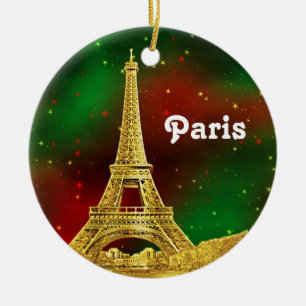Paris Silhouette Gegraveerd, Groene Rode Sterrenhe Keramisch Ornament