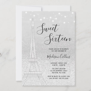 Paris Silver Glitter Lights Sweet 16 Kaart