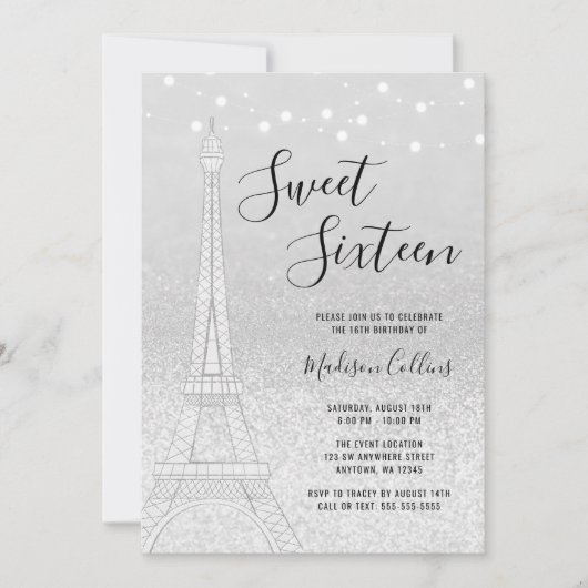 Paris Silver Glitter Lights Sweet 16 Kaart (Voorkant)