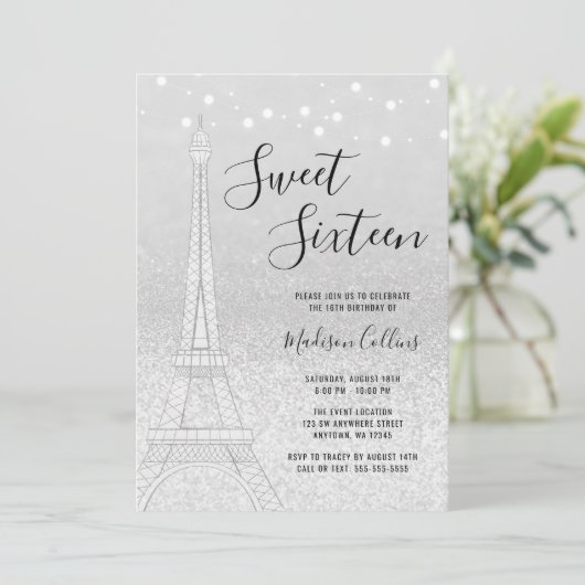 Paris Silver Glitter Lights Sweet 16 Kaart (Staand voorkant)