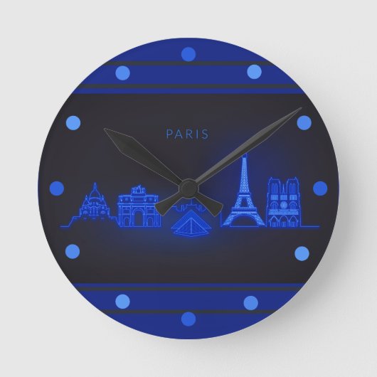 Paris Skline Neon Blauwe Stadssilhouet Muur Ronde Klok (Voorkant)
