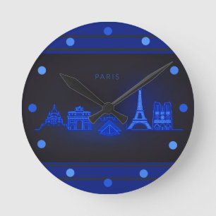 Paris Skline Neon Blue Kijk Cityscape Wall Ronde Klok