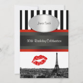 Paris Skyline BW Streep Rood Kiss PV Verjaardagsfe Kaart (Voorkant)