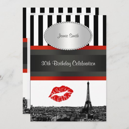 Paris Skyline BW Streep Rood Kiss PV Verjaardagsfe Kaart (Voorkant / Achterkant)