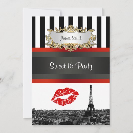 Paris Skyline BW Stripe Red Kiss Sweet 16 Party Kaart (Voorkant)