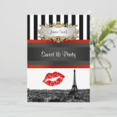 Paris Skyline BW Stripe Red Kiss Sweet 16 Party Kaart (Staand voorkant)