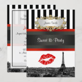 Paris Skyline BW Stripe Red Kiss Sweet 16 Party Kaart (Voorkant / Achterkant)
