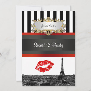 Paris Skyline BW Stripe Red Kiss Sweet 16 Party Kaart