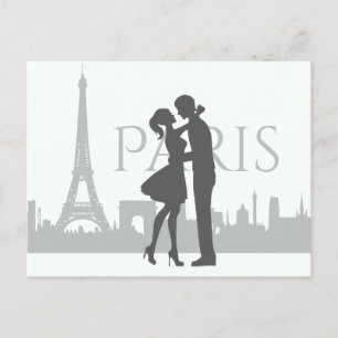 Paris Skyline Eiffel Tower Couple Love Grey, White Briefkaart