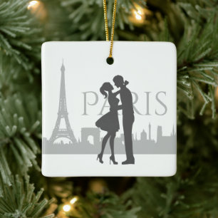 Paris Skyline Eiffel Tower Couple Love Kerstmis Keramisch Ornament