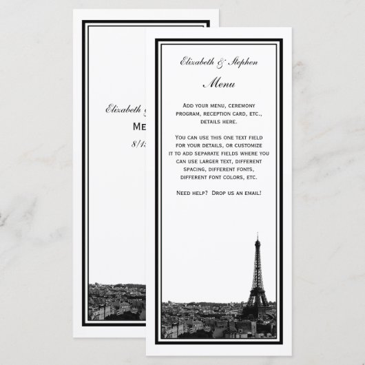 Paris skyline geëtst ingelijst menu Kaart (Voorkant / Achterkant)