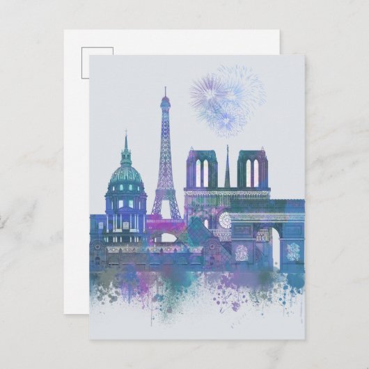 Paris Skyline - Waterverf Blue Briefkaart (Voorkant / Achterkant)