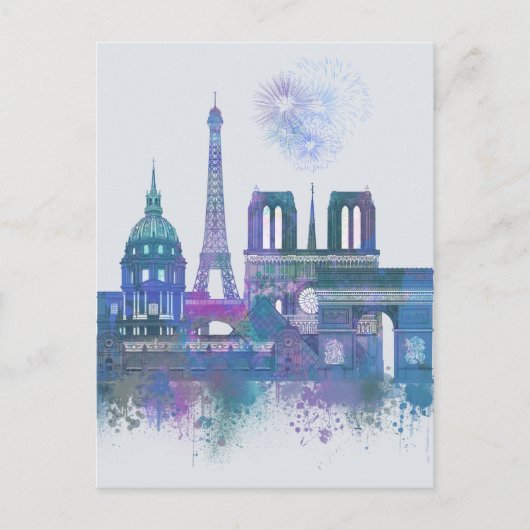 Paris Skyline - Waterverf Blue Briefkaart (Voorkant)