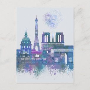 Paris Skyline - Waterverf Blue Briefkaart