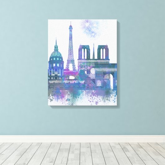 Paris Skyline - Waterverf Blue Canvas Afdruk (Insitu (Houten vloer))