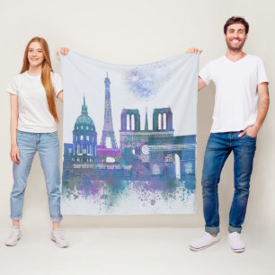 Paris Skyline - Waterverf Blue Fleece Deken